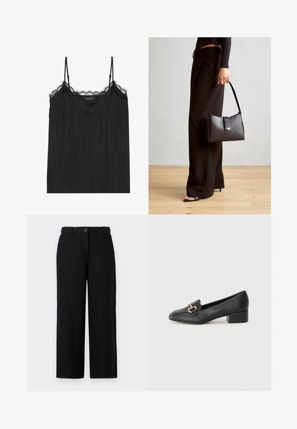 Czarna koszulka na ramiączkach z regulowanymi spaghetti, zdobiona falbaniastym koronkowym wykończeniem przy dekolcie oraz luźnym, miękkim materiałem.; Czarne spodnie w szerokim kroju wykonane z lekkiego materiału, z zapięciem na guzik z przodu i szlufkami na pasek. Gładka tekstura bez widocznych wzorów.; Czarne skórzane loafersy z płaskim obcasem, z ozdobnym złotym detalem z przodu i gładką fakturą.; Czarna torebka o usztywnionym kształcie, gładkiej fakturze i metalowym zapięciem. Połączona z szerokimi czarnymi spodniami i sandałami na otwartym palcu na drewnianej podłodze.