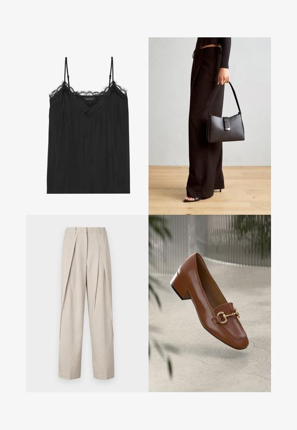 Crna majica bez rukava s podesivim trakama na ramenima, s valovitom čipkastom obrubom duž dekoltea i laganom, mekanom teksturom tkanine.; Bežirane hlače s nabranim prednjim dijelom, širokim nogavicama i glatkom teksturom. Imaju klasičan pojas i bočne džepove.; Smeđi lakirani loafer s kvadratnim vrhom, metalnim lancem kao naglaskom i niskom blok petom; glatka tekstura, minimalistički dizajn.; Crna torba s oblikom koji sadrži strukturu, glađu teksturu i metalnu kopču. Uparena s širokim crnim hlačama i sandalama na otvorenom s drvenog poda.