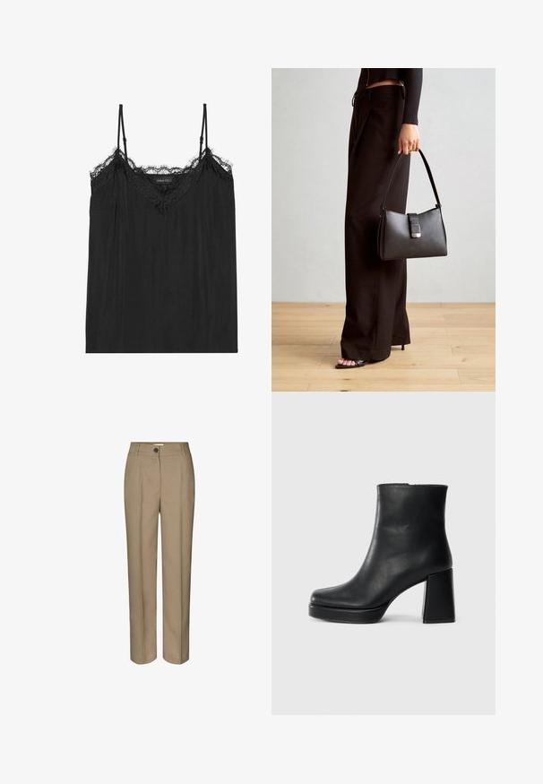 Mustade reguleeritavate õhkjuppudega kampsun, millel on laineline pitsääris kaeluse ääres ja voolav, pehme kangas.; Bežid ülesõmmeldud püksid sirge jalaga disainiga, millel on üks nupp ja puhtad eesrihnad. Valmistatud siledast kangast.; Must musta ankle boot, milleplokk-konts ja platvormi tallaga, vaadatud küljelt ühetoonilise valge tausta peal.; Must musta kott, millel on struktureeritud kuju, sile tekstuur ja metallist klamber. Kombineeritud laiate mustade pükstega ja avatud varvaste sandaalidega puidust põrandal.