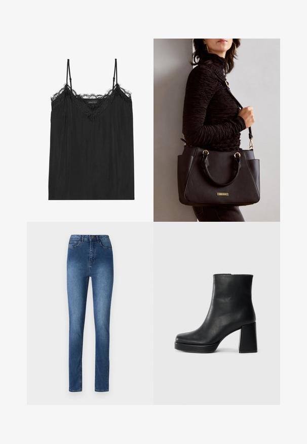 Mustat hihattomat paidat, joissa on säädettävät ohuet olkaimet, ja joissa on frillireunus kaula-aukossa sekä virtaviivainen, pehmeä kangas.; Siniset farkut kapealla mitoituksella, keskikorkealla vyötäröllä, viidellä taskulla ja huomaamattomilla tikkauksilla. Sileä rakenne ja klassinen muotoilu.; Musta nahkasaapas nilkkapituisena, jossa on paksu korko ja alustapohja, nähtynä sivulta yksinkertaisella valkoisella taustalla.; Musta käsilaukku, jossa on teksturoitu pinta, kaksi yläkantta ja säädettävä olkahihna. Varustettu kultasävyisillä varusteilla ja sivutaskuilla.