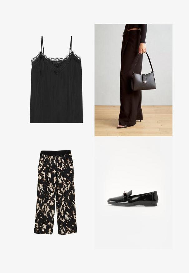 Černá top s nastavitelnými ramínky, zdobený vlnkovým krajkovým lemem kolem výstřihu a s plynulou, jemnou texturou látky.; Kalhoty s širokými nohavicemi v černé tkanině se hnědým a krémovým abstraktním vzorem. Elastický pas s sklady, hladká textura.; Černé lakované mokasíny s plochou podrážkou, zaoblenou špičkou a ozdobným páskem se zlatým akcentem. Hladký, lesklý povrch.; Černá kabelka se strukturovaným tvarem, hladkým povrchem a kovovým uzávěrem. Kombinována s širokými černými kalhotami a sandály s otevřenou špičkou na dřevěné podlaze.
