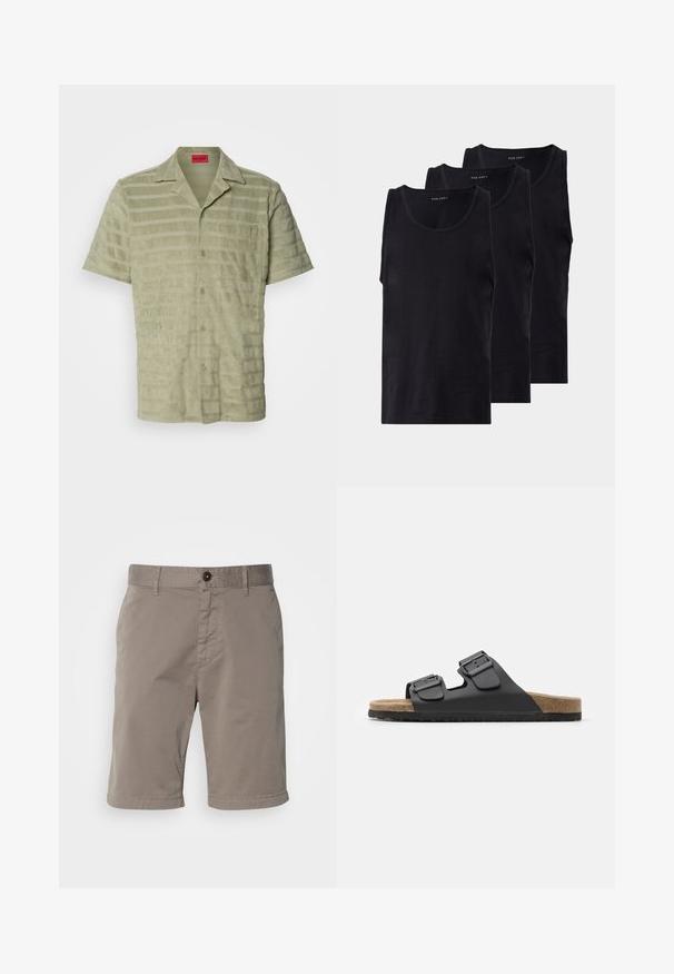 Lühikeste varrukatega helesinine särk, tekstuuriga kangas vahelduvate horisontaalsete triipudega, nööpidega sulgemine ja rinna tasku logodetailiga.; Mustaline mustad puuvillased tank topid kolmes pakis, ümmarguse kaeluse ja varrukateta disainiga, sileda tekstuuri ja klassikalise lõikega.; Meeste lühikesed püksid heledashallikas värv, valmistatud puuvillast materjalist. Omab nööbkinnitust, vööde auke ja sileda tekstuuri.; Must must sandaalid, millel on kaks reguleeritavat pannalalit, tekstuuriga jalapadi ja korkilaadne tall. Omab lamedat, laia disaini mugavuse tagamiseks.