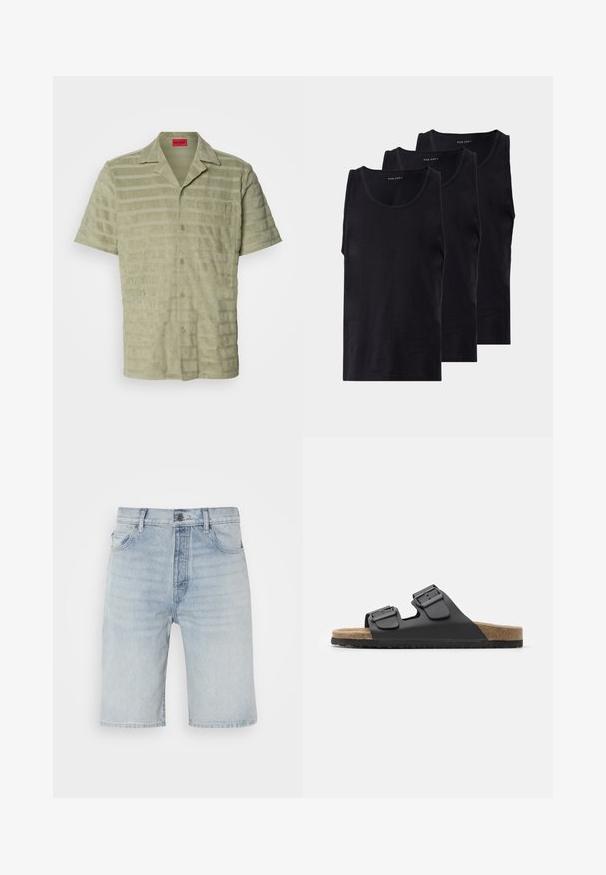 Chemise à manches courtes en vert clair, en tissu texturé avec des rayures horizontales alternées, fermeture à boutons et poche poitrine avec détail de logo.; Lot de trois débardeurs en coton noir, avec un col rond et sans manches, texture douce et coupe classique.; Shorts en denim bleu clair avec une coupe droite. Dotés d'une fermeture à bouton, de cinq poches et d'un léger décoloration sur le tissu.; Sandale noire à glissière avec deux boucles réglables, semelle texturée et semelle en liège. Présente un design plat et large pour plus de confort.
