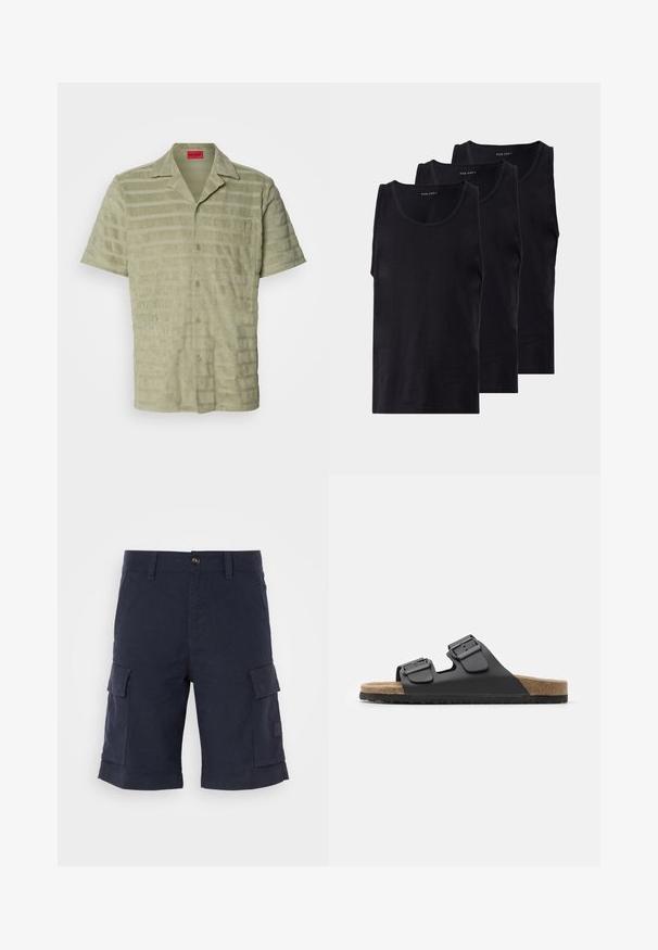 Krátký rukáv košile v světle zelené barvě, texturovaná tkanina s alternativními horizontálními pruhy, zapínání na knoflíky a náprsní kapsa s detaily loga.; Černé bavlněné tílka v balení po třech, s kulatým výstřihem a bez rukávů, hladkou texturou a klasickým střihem.; Námořnické modré cargo šortky vyrobené z bavlněného směsového materiálu. Vybavené dvěma bočními kapsami a předním zapínáním na knoflík. Design s plochým lemem.; Černé skluzné sandály s dvěma nastavitelnými sponami, texturovanou stélkou a korkovým vzhledem. Mají plochý, široký design pro maximální pohodlí.