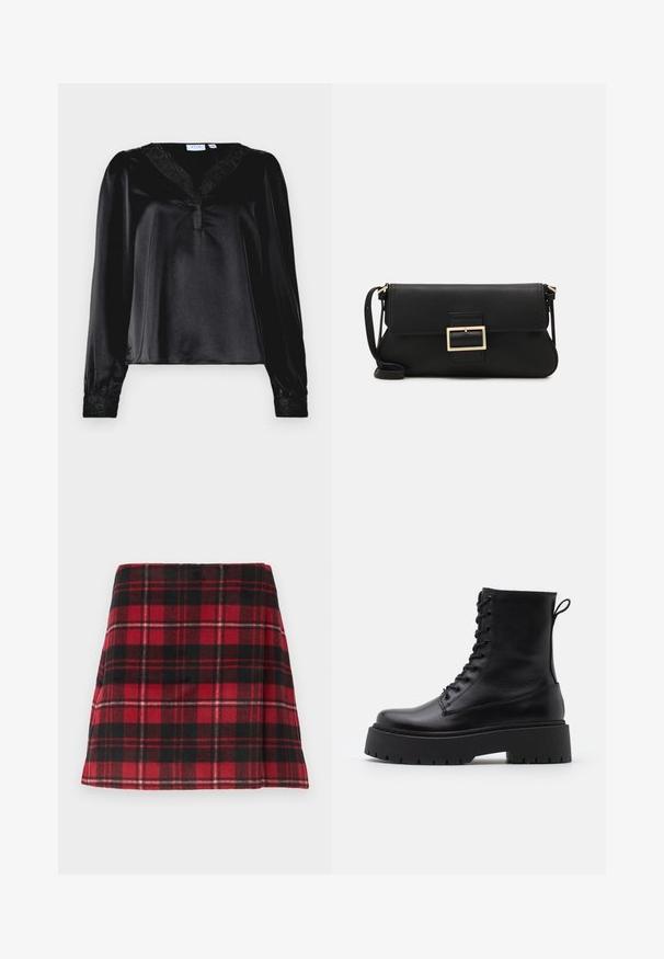 Černá saténová blůza s dlouhými rukávy, krajkovým lemem u výstřihu a vyšívanými detaily na manžetách. Hladká textura, strukturovaný střih.; Mini sukně v červené a černé kostce, vyrobená z měkké látky s rozšířeným střihem, s vodorovným prošíváním a čistým lemem.; Černé kožené kotníkové boty s kulatou špičkou, šněrováním na přední straně a silnou gumovou podešví s texturovaným vzorkem. S poutkem vzadu.; Černá kožená psaníčko s klopou a zlatým kovovým detailním sponou. Součástí je černý popruh a elegantní, minimalistický design.