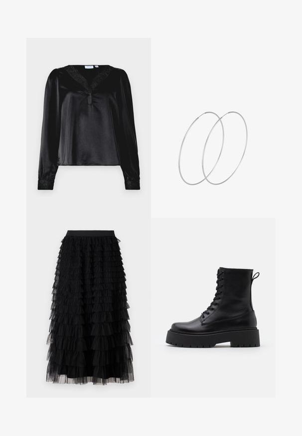 Črna satenasta bluza z dolgimi rokavi, čipkastim robom ob dekolteju in vezenimi detajli na manšettah. Gladka tekstura, strukturiran kroj.; Vero Moda VMNAJA RUFFLE SKIRT - Dolgo krilo - black; Črne usnjene gležnjarje z okroglo konico, vezalnim sprednjim delom in debelim gumijastim podplatom z teksturiranim profilom. Zanka na hrbtni strani.; Srebrne uhane v obliki obroča z minimalističnim dizajnom. Krožna oblika, gladka tekstura in tanek profil. Lahki s poliranim zaključkom.