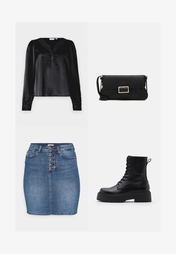 Must mustriga särk pikkade varrukatega, pitsäärisega kaeluses ja tikanditega mansettides. Sile tekstuur, struktureeritud lõige.; Keskmise sinise denimseeliku toode, millel on naiselik siluett. Omab viie nupuga esist sulgemist, kahte esist taskut ja õmmeldud ääre. ; Mustad mustad nahast pahkluu saapad ümarate varvastega, nööridega esiosas ja paksu kummist talla ning tekstuuritud mustriga. Tagumine tõmbeaas.; Must haben musta nahkklahviga kott, millel on klapp ja kuldne metallist pandla detail. Kaasas must rihm ja stiilne, minimalistlik disain.; Kulla värvi nõelad, õhukesed ja ümmargused, millel on sile metallist pind ja ilma kaunistuste või mustriteta.