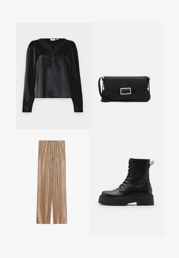 Crna satenasta bluzica s dugim rukavima, čipkastim detaljima na izrezu i vezom na manžetama. Glatka tekstura, strukturirani kroj.; Svijetlosmeđi plisirani hlače od sjajnog materijala, sa teksturiranim uzorkom cik-cak i elastičnom naramenicom za udobnost.; Crne kožne gležnjače s okruglim vrhom, vezanjem sprijeda i debelim gumenim potplatom s teksturiranim uzorkom. Tipa: traka za vuču na stražnjoj strani.; Crna kožna clutch torbica s preklopom i zlatnim metalnim detaljem kopče. Uključuje crnu trakicu i elegantan, minimalistički dizajn.