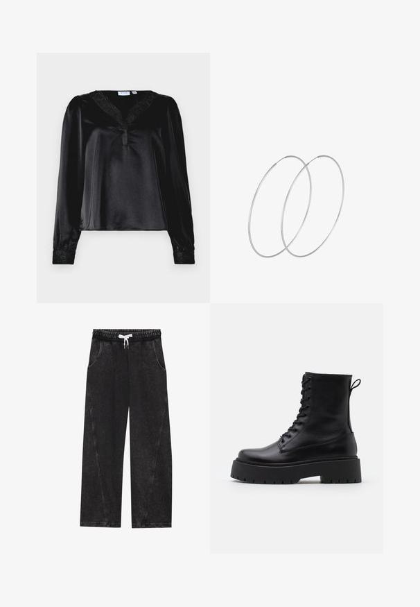 Juoda satino palaidinė su ilgomis rankovėmis, nėriniuotas apykaklė ir siuvinėti akcentai ant rankogalių. Lygus paviršius, struktūruota forma.; Juodi, plačiakojai kelnių modeliai, pagaminti iš tekstūruotos medžiagos. Sukurti su elastingu juosmeniu, balta raišteliu ir priekinėmis kišenėmis su įstrižomis siūlėmis.; Juodos odinės aulinukės su apvalia nosimi, raišteliais priekyje ir storesniu guminio pado apačioje su tekstūruotu raštu. Priekyje yra kilputė.; Sidabrinės pusmėnulio auskarai minimalistiniu dizainu. Apskritimo forma, lygus paviršius ir plonas profilis. Lengvi su poliruotu apdailu.