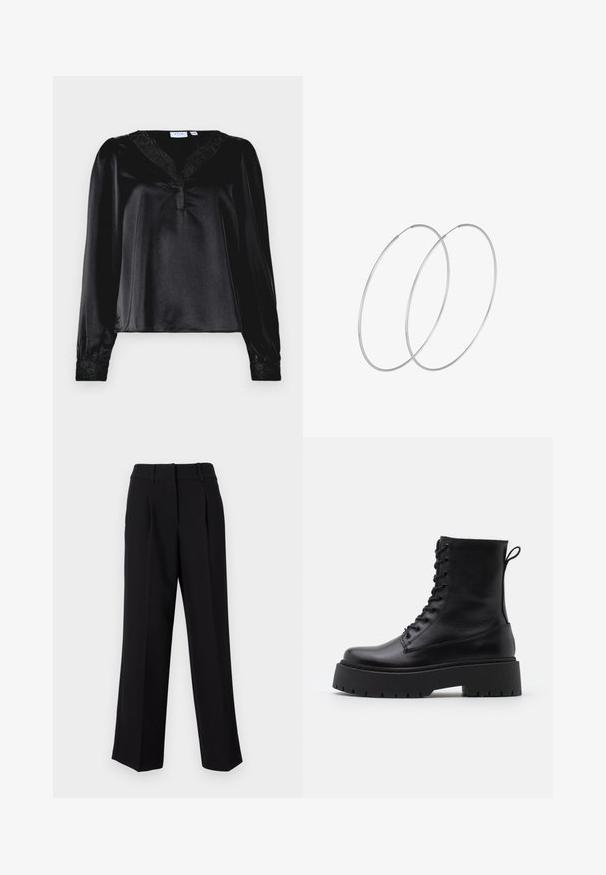 Svart satinblus med lång ärm, spetsdetaljer vid halsringningen och broderade accenter vid manschetterna. Slät textur, strukturerad passform.; Svarta byxor med rak, vid ben-design, med platt framsida, bälteshällor och en slät textur. Lämpliga för olika tillfällen.; Svarta läderankelboots med rund tå, snörning framtill och en tjock gummisula med strukturerat mönster. Dragflik bak.; Silverfärgade hoopörhängen med en minimalistisk design. Cirkulär form, slät yta och tunn profil. Lätta med en polerad finish.