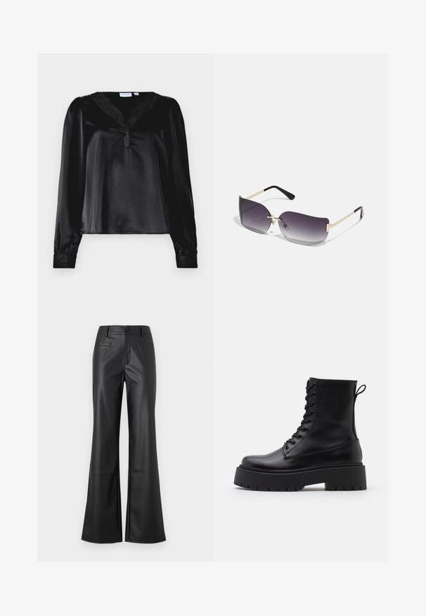 Black satin blouse with long sleeves, lace trim at the neckline, and embroidered accents on the cuffs. Smooth texture, structured fit.; Black leather flared trousers with a smooth texture, featuring a front button closure and two back pockets. Classic design with a modern fit.; Black leather ankle boots with a round toe, lace-up front, and a thick rubber sole featuring a textured tread. Pull tab at the back.; Sunglasses with a gray gradient lens, gold metal frame, and black plastic accents. Unique butterfly-shaped lenses with thin arms.