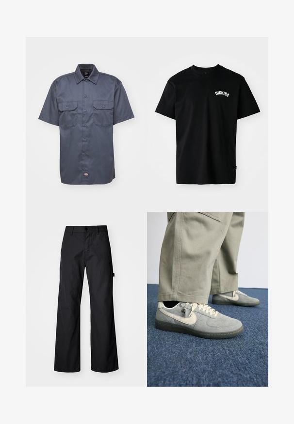 Camisa de manga curta em azul marinho escuro, feita de um tecido suave, com um fecho de botões à frente, dois bolsos no peito e um pequeno logótipo na bainha inferior.; T-shirt de algodão preta com mangas curtas e decote redondo. Apresenta um logótipo curvo em branco "DICKIES" no peito. Design simples, sem padrões.; Calças largas pretas, feitas de um tecido durável. Apresenta um fecho de botão e bolsos laterais. Textura suave com um design limpo.; Sapatilhas cinzentas de camurça com um swoosh da Nike em creme, atacadores em creme e uma sola de borracha texturizada, combinadas com calças verde-oliva.