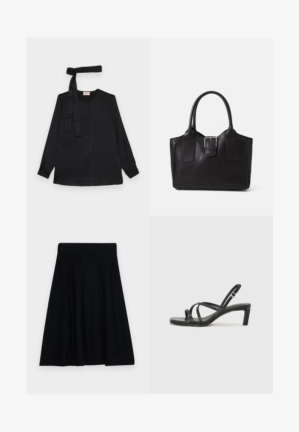 Musta pitkähihaine paita sileästä kankaasta, jossa on napitettava etuosa ja nauhan yksityiskohta kauluksessa. Klassinen kaulus ja hihansuissa napit.; Mustapleated-hame, jossa on teksturoidunpinta, leveä vyötärönauha ja virtaava A-linjainen muoto mukavaa käyttömukavuutta varten.; Mustat hihnalligat, joissa on neliön muotoinen kärki ja matala lohkokorko. Ominaisuuksiin kuuluu useita ohuita hihnoja ja säädettävä nilkkahihna. Valmistettu sileästä nahasta.; Musta nahkainen olkalaukku, jossa on sileä pinta, ryhdikäs muoto, kaksi kahvaa ja silmienpistävä hopeinen solkiyksityiskohta edessä.