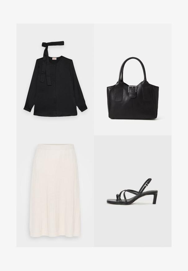 Must mustrega pusa musta sametist, koos nööpidega avaneva esiosas ja sidumisdetailiga kaela ümber. Klassikaline krae ja mansetiga varrukad.; Valge ribastatud kudumiskleit, millel on vöökoht, ulatudes põlvikuni. Omab vertikaalseid jooni ja pehmet tekstuuri. Lihtne A-lõikega siluett.; Mustast rihmajalatsid ruudukujulise varba ja madala ploki kontsaga. Omab mitmeid õhukesi rihmasid ja reguleeritavat pahkluu rihma. Valmistatud siledast nahast.; Mustgamma nahast kott, millel on sile tekstuur, struktureeritud kuju, kaks käepidet ja esiküljel silmapaistev hõbedane pandla detail.