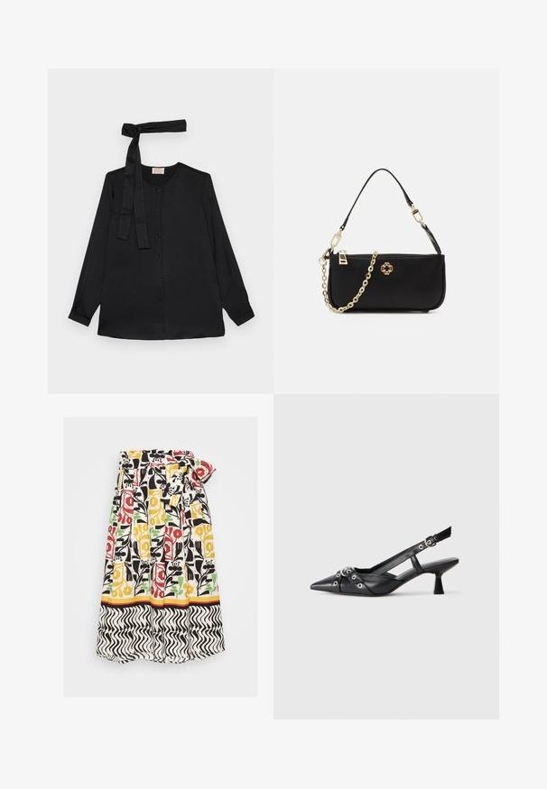 Blusa nera a maniche lunghe in tessuto morbido, con abbottonatura frontale e un dettaglio legato sullo scollo. Collo classico e maniche con polsini.; Gonna a fiori con pieghe, caratterizzata da colori rosso, giallo, verde e nero su uno sfondo bianco. Include un orlo ondulato in bianco e nero.; Scarpa slingback nera in pelle con punta affusolata, cinturini decorativi con occhielli metallici e tacco basso a blocco. Superficie testurizzata.; Borsa nera con una texture liscia, dotata di una tracolla in catena dorata, chiusura con zip e un'emblema decorativo dorato sul davanti.