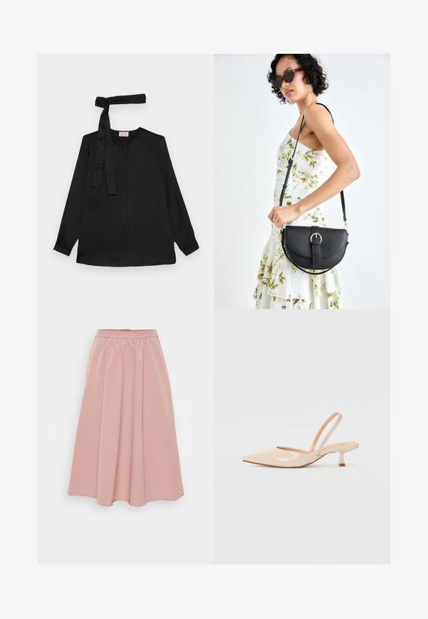 Fekete, hosszú ujjú blúz sima anyagból, gombos elülső résszel és megkötős részletekkel a nyaknál. Klasszikus gallér és mandzsettás ujj végződések.; Rózsaszín, térd fölé érő szoknya sima anyagból, összehúzott derékpánttal és plissé fazonban. Lapos, nincs rajta további kiegészítő vagy minta.; Bézs színű lakkbőr slingback magassarkú cipők hegyes orral és vékony, négyzetes sarkú dizájnnal. Simább textúra és minimalista stílus, díszítések nélkül.; Fekete bőrtáska ívelt formával, levehető pánttal és arany színű fémrészekkel. A táskán egy csattal díszített fedél található.