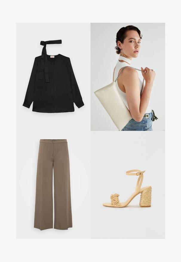 Svart långärmad blus i mjukt tyg, med knäppning framtill och en knytning vid halslinningen. Klassisk krage och ärmslut med manschett.; Breda byxor i ett enfärgat brunt tyg, med knappstängning, slät front och mjuk textur, designade för en avslappnad passform.; Beige högklackad sandal med flätad textur, prydd med en dekorativ blomma och vristrem. Fyrkantig klack ger stabilitet.; Vitt rektangulärt clutch-väsk i glänsande material, med en kedjesnor i silver. Modellen poserar och visar upp väskan mot en neutral bakgrund.