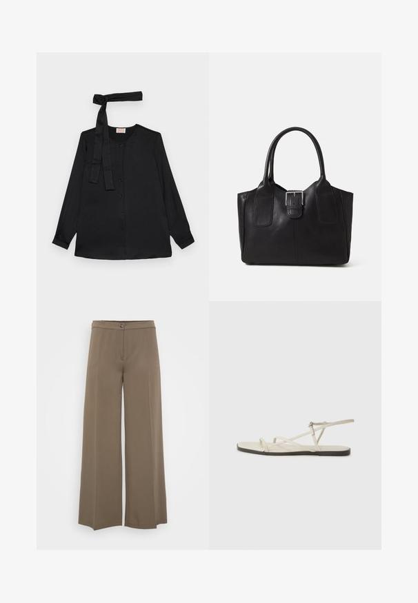 Must mustrega pusa musta sametist, koos nööpidega avaneva esiosas ja sidumisdetailiga kaela ümber. Klassikaline krae ja mansetiga varrukad.; Laiad püksid ühtlasest pruuni kangast, millel on nööpkinne, lamedad esiosad ja sile tekstuur, loodud lõdva istuvuse jaoks.; Bežid lame sandaal, millel on mitu peenikest rihma ja reguleeritav pandla. Tallal on lame pind, mille ääres on kerge tumedam kontrast.; Mustgamma nahast kott, millel on sile tekstuur, struktureeritud kuju, kaks käepidet ja esiküljel silmapaistev hõbedane pandla detail.