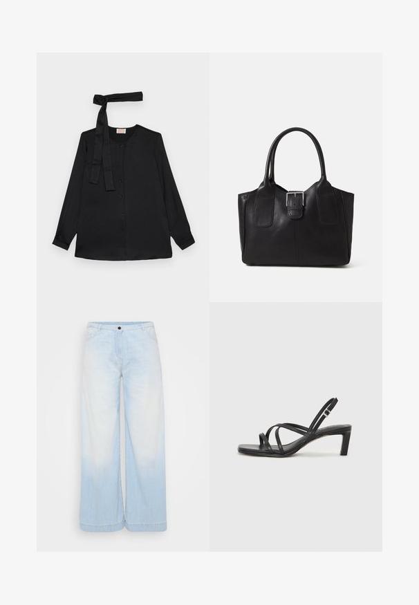 Fekete, hosszú ujjú blúz sima anyagból, gombos elülső résszel és megkötős részletekkel a nyaknál. Klasszikus gallér és mandzsettás ujj végződések.; Világoskék farmer széles szárú nadrág, fokozatos mosással, gombos záródással, elülső zsebekkel és kontrasztos varrással az alján.; Fekete pántos szandál négyzetes orral és alacsony blokk sarkal. Több vékony pánttal és állítható boka pánttal rendelkezik. Sima bőrből készült.; Fekete bőr bevásárlótáska sima textúrával, strukturált formával, két fogantyúval és egy figyelemfelkeltő ezüst csattal az elején.