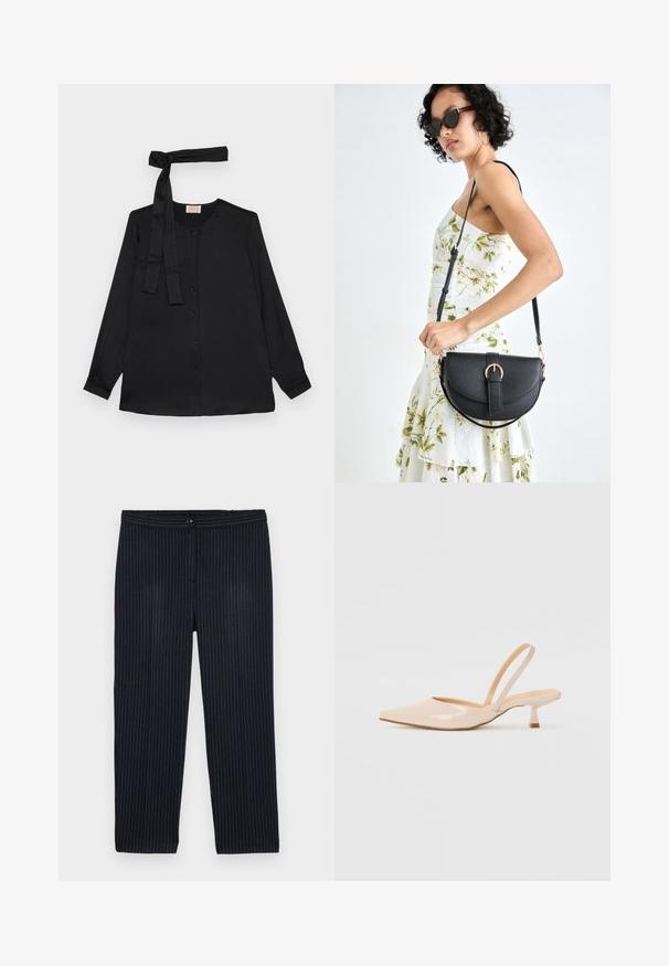 Melna ilgā piedurkne blūze no gluda auduma, ar pogu aizdari priekšā un saites detaļu ap kaklu. Klasisks apkakles un aproču dizains.; Jūras spēku svītrainas bikses, kas izgatavotas no auduma ar vertikālām baltām svītrām. Iekļauj pogu aizdari un taisnu kāju dizainu.; Bežīgas lakotas ādas slingback papēži ar smailu purngalu un šauru, kvadrātveida papēdi. Gluda tekstūra un minimālistisks dizains bez dekorēšanas elementiem.; Melnas ādas rokassoma ar izliekta formu, noņemamu siksnu un zelta aksesuāriem. Somai ir vāciņš ar sprādzes detaļu.