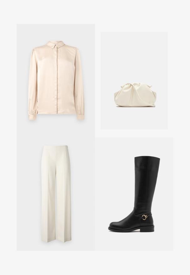 Beige satin long-sleeve shirt with button-down collar, front placket, and gathered puff sleeves at the cuffs. Smooth, glossy texture.; White wide-leg trousers made from a smooth fabric with front pleats. Designed with a high waistband and a clean finish.; Anna Field Wide Fit Boots - black; Cream-colored, soft faux leather bag with gathered design, adjustable strap, and subtle drawstring closure. Smooth texture and rounded shape.