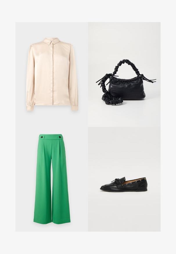 Bežinė satino ilgo rankovo marškiniai su mygtukų apykakle, priekiu ir susirinkusiais pūstais rankovėmis ties riešais. Slydus, blizgus paviršius.; Plati kojinės kelnės, pagamintos iš ryškiai žalios medžiagos, su prigludusia liemene ir dviem juodais sagų akcentais priekyje. Lygus paviršius.; Juodi odiniai loafai su surišta mazgeliu, su auksinėmis akytėmis šoninėse dalyse ir plokščiu guminiu padu. Lygus paviršius, klasikinis dizainas.; Juodas dirbtinės odos rankinė su krokodilo tekstūra, sušnibždinta viršuje ir susikraipytu dirželiu. Atrodo minkšta ir kompaktiška.