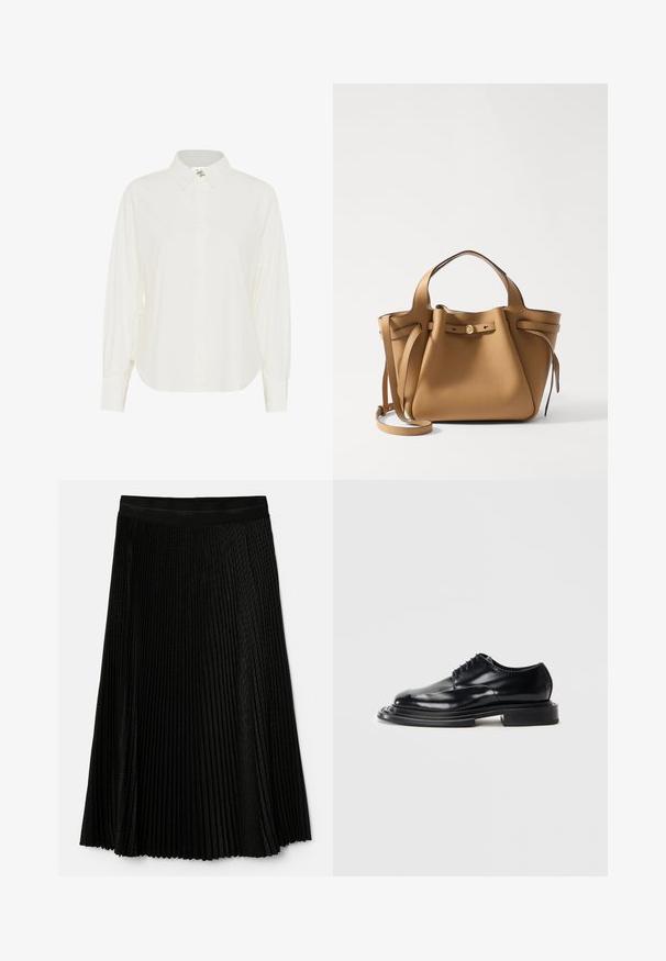 Camisa blanca de botón con un collar clásico, mangas largas y un corte relajado. Fabricada con un tejido ligero de textura suave.; Falda negra plisada con un diseño texturizado, cintura elástica y pliegues en capas que añaden movimiento y profundidad.; Zapato de cuero negro con un acabado brillante, punta redondeada, cordones y una suela gruesa y plana. Presenta un diseño escalonado y esculpido.; Tory Burch ROMY PEBBLED SATCHEL - Bolso de mano - tiramisu