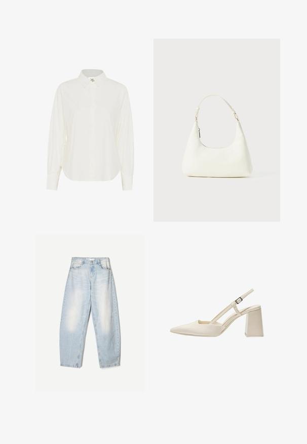 Valkoinen nappikauluspaita, jossa on klassinen kaulus, pitkät hihat ja rento leikkaus. Valmistettu kevyestä kankaasta, jossa on sileä pinta.; Vaaleansininen pitsitoppi ohuilla olkaimilla, jossa on lain suojaava pitsireunus ja kukkakuvio, suunniteltu pysymään istuvana siluettina.; Vaaleansiniset farkut, joissa on löysä malli, haalistunut pinta, kaksi etutaskua ja nappikiinnitys vyötäröllä.; Beige slingback kengät, joissa on terävä kärki, kiiltävä patentoitu pinta, keskikokoinen lohkoheel ja säädettävä hihna. Minimalistinen muotoilu avonaisilla sivuilla.; Pieni valkoinen olkalaukku, jossa on yksi säädettävä hihna ja vetoketjukiinnitys, valkoista taustaa vasten.