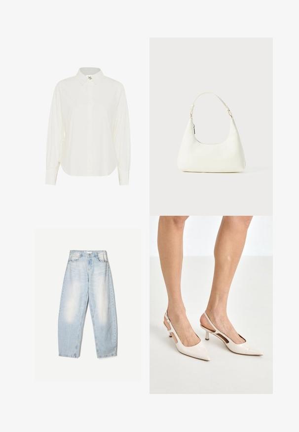 Bílá košile na knoflíky s klasickým límcem, dlouhými rukávy a volným střihem. Vyrobena z lehké látky s hladkým povrchem.; Světle modrý krajkový tílko s tenkými ramínky, zdobené vlnitým krajkovým lemem a květinovým vzorem, navržené pro přiléhavý střih.; Světle modré džíny s volným střihem, s vybledlým povrchem, dvěma předními kapsami a zapínáním na knoflík v pase.; Béžové lakované lodičky na podpatku s špičatou špičkou a 5 cm podpatkem, se vykrojenými boky a tenkým kotníkovým páskem.; Malá bílá ramenní taška s jedním nastavitelným popruhem a zipovým uzávěrem, umístěná na jednobarevném bílém pozadí.