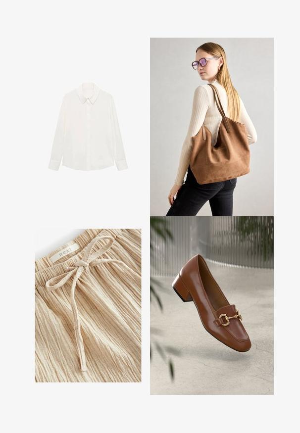Witte blouse met lange mouwen van gladde stof, voorzien van een klassieke kraag, knopen aan de voorkant en manchetten, met een ontspannen pasvorm.; Beige textuurlijke shorts met een gather tailleband en een strikdetail aan de voorkant, gemaakt van een lichtgewicht stof met fijne verticale lijnen.; Bruine lakleren loafer met vierkante neus, metallic kettingaccent en lage blokhak; gladde textuur, minimalistisch ontwerp.; Bruine suède totebag met zachte textuur, grote opening en lange hengsels. Het heeft een eenvoudig ontwerp met zichtbare stiksels en geen hardware.