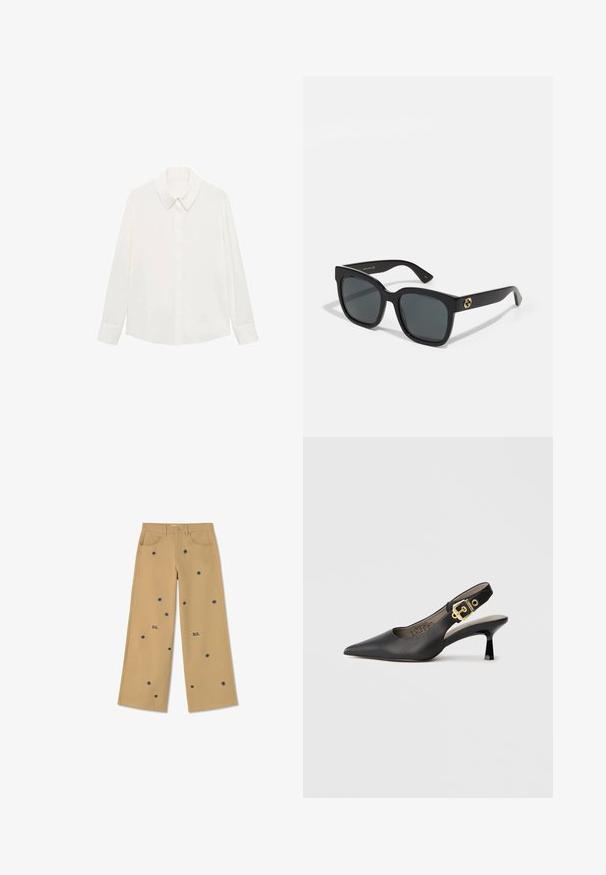 Witte blouse met lange mouwen van gladde stof, voorzien van een klassieke kraag, knopen aan de voorkant en manchetten, met een ontspannen pasvorm.; Thinking Mu HEDDA - Broek - camel; Zwarte slingback hoge hak schoenen met een spitse neus, een gladde leren textuur en een gouden gespaccent op de band.; Zwarte zonnebril met rechthoekige lenzen, voorzien van een glanzende afwerking en gouden logo-accentraties op de pootjes. Donkergrijze lenzen bieden UV-bescherming.