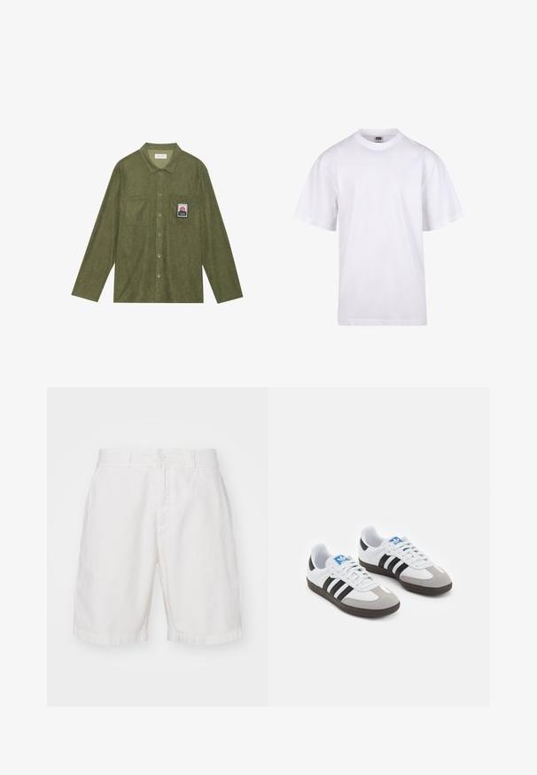 Olivově zelená kordová košile s dlouhými rukávy, s knoflíkovým zapínáním, dvěma náprsními kapsami a nášivkou s horským motivem na levé kapse.; Bílé bavlněné tričko s kulatým výstřihem, krátkými rukávy a volným střihem. Má jednoduchý design bez vzorů nebo akcentů.; Bílé bavlněné šortky s plochým předním dílem, zapínáním na knoflík a čtyřmi kapsami. Tkanina má jemnou strukturu a rovný střih nohavic.; Sportovní boty s bílým koženým svrškem, šedou semišovou špičkou a třemi černými pruhy. Obsahují modré logo na jazyku a texturovanou gumovou podrážku.