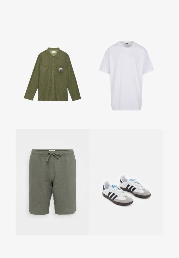 Chemise en velours côtelé vert olive à manches longues, fermeture boutonnée, deux poches poitrine, et un patch graphique de montagne sur la poche gauche.; T-shirt en coton blanc avec des manches courtes, un col rond, une coupe décontractée et sans logos ni motifs visibles. Texture lisse et design minimaliste.; Shorts légers de couleur vert olive fabriqués en tissu texturé. Comprend une taille élastique avec cordon de serrage, des poches latérales et une coupe décontractée.; Baskets avec une tige en cuir blanc, un bout en daim gris et trois bandes noires. Présente un logo bleu sur la languette et une semelle en caoutchouc texturée.