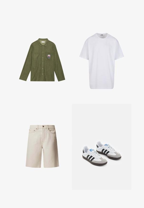 Olivewądzowy sztruksowy shirt z długimi rękawami, zapięcie na guziki, dwie kieszenie na piersi oraz naszywka z graficznym motywem górskim na lewej kieszeni.; Biała bawełniana koszulka z krótkimi rękawami, okrągłym dekoltem, luźnym krojem i bez widocznych logo lub wzorów. Gładka tekstura i minimalistyczny design.; Beżowe spodenki dżinsowe o prostym kroju, z pięcioma kieszeniami, górnym guzikiem i pętlami na pasek. Gładka tekstura z subtelnymi detalami w szwie.; Buty sportowe z białą skórzaną cholewką, szarym zamszowym noskiem i trzema czarnymi paskami. Posiadają niebieskie logo na języku oraz teksturowaną gumową podeszwę.