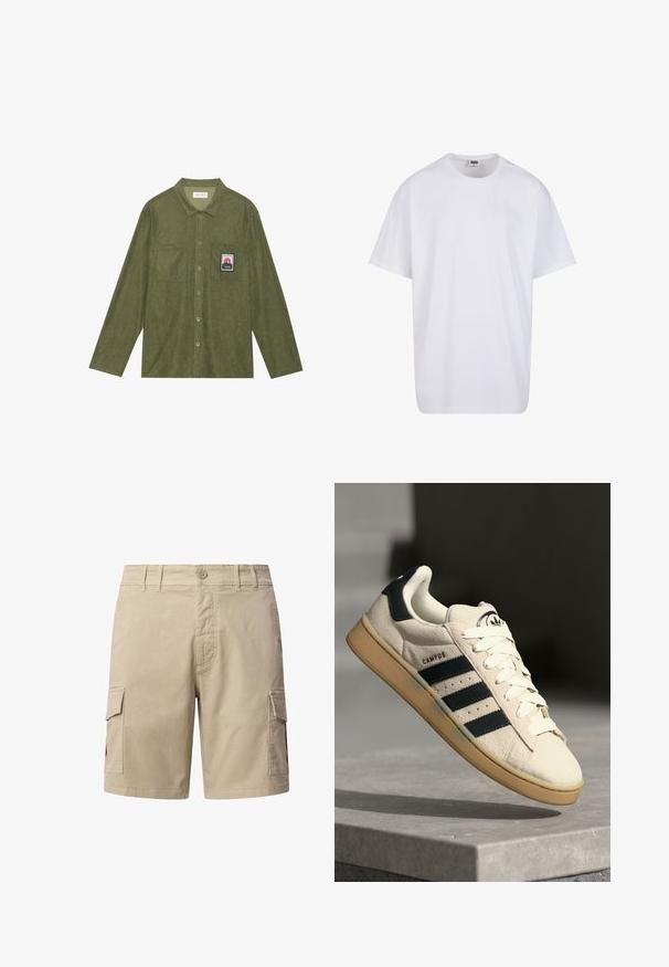 Olivinės spalvos kordurojų marškiniai su ilgomis rankovėmis, mygtukų uždarymu, dviem krūtinės kišenėmis ir kalnų grafiniu emblemą kairėje kišenėje.; Balta medvilninė marškinėlių užsagėlė su trumpomis rankovėmis, apvaliu kaklu, laisva forma ir be matomų logotipų ar raštų. Lygi tekstūra ir minimalus dizainas.; Kreminės spalvos šortai pagaminti iš medvilnės. Įrengtos dvi šoninės kišenės, mygtukų uždarymas ir siuvimo detalės. Tiesus kojų dizainas.; Kreminio veliūro sportbačiai su trimis tamsiai mėlynomis juostelėmis, baltais raišteliais ir šviesiai rudais guminiais padais. Ant liežuvėlio yra logotipas ir užrašas "CAMPUS".