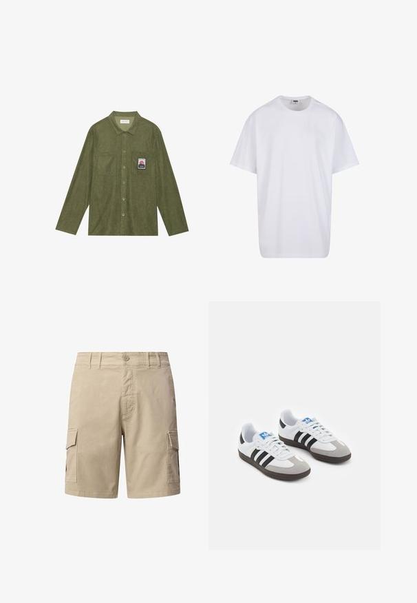 Oliivroheline kaltsukangast särk pikkade varrukatega, nööbid ees, kaks rinnataskut ja mäe graafik-plekk vasakus taskus.; Valge puuvillane t-särk lühikeste varrukatega, ümmarguse kaelusega, lõdva lõikega ja ilma nähtavate logodeta või mustriteta. Sile tekstuur ja minimaalne disain.; Beige cargo lühikesed püksid, mis on valmistatud puuvillast. Omab kahte külgtaskut, nupuga kinnitust ja õmblusdetailide kujundust. Sirge jala disain.; Spordijalatsid valge nahkpealsega, halli nubuk-naha otsaga ja kolme musta triibuga. Omab sinist logo keele peal ja struktureeritud kummitalda.