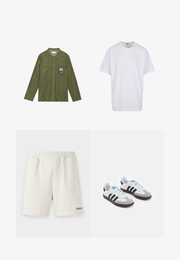Olive green corduroy shirt with long sleeves, button closure, two chest pockets, and a mountain graphic patch on the left pocket.; White cotton t-shirt with short sleeves, rounded neckline, relaxed fit, and no visible logos or patterns. Smooth texture and minimal design.; Cream-colored shorts made of soft cotton blend, featuring an elastic waistband and a blue logo on the lower left side.; Sport shoes with a white leather upper, gray suede toe, and three black stripes. Features a blue logo on the tongue and a textured rubber sole.