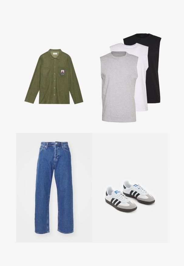 Oliivinvihreä corduroy-paita pitkillä hihoilla, napitus, kaksi rintataskua ja vuoristokuvausläpyskä vasemmassa taskussa.; Kolme ilmanhihaista t-paitaa harmaana, valkoisena ja mustana. Pehmeä puuvillakangas, pyöreä pääntie ja rento malli. Yksinkertainen muotoilu, ei kuvioita.; Siniset farkut suoran lahkeensuunnittelulla, joissa on napilla ja vetoketjulla suljettava etuosa, viisi taskua ja vähäisiä ompelut yksityiskohtia.; Urheilukengät, joissa on valkoinen nahkainen päällinen, harmaa mokkanokka ja kolme mustaa raitaa. Ominaisuuksina sininen logo kielekkeessä ja kuvioitu kumipohja.