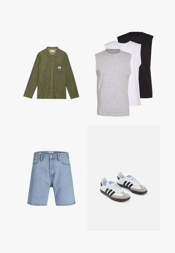 Oliivinvihreä corduroy-paita pitkillä hihoilla, napitus, kaksi rintataskua ja vuoristokuvausläpyskä vasemmassa taskussa.; Kolme ilmanhihaista t-paitaa harmaana, valkoisena ja mustana. Pehmeä puuvillakangas, pyöreä pääntie ja rento malli. Yksinkertainen muotoilu, ei kuvioita.; Jack & Jones ITONY ORIGINAL - Farkkushortsit - blue denim; Urheilukengät, joissa on valkoinen nahkainen päällinen, harmaa mokkanokka ja kolme mustaa raitaa. Ominaisuuksina sininen logo kielekkeessä ja kuvioitu kumipohja.