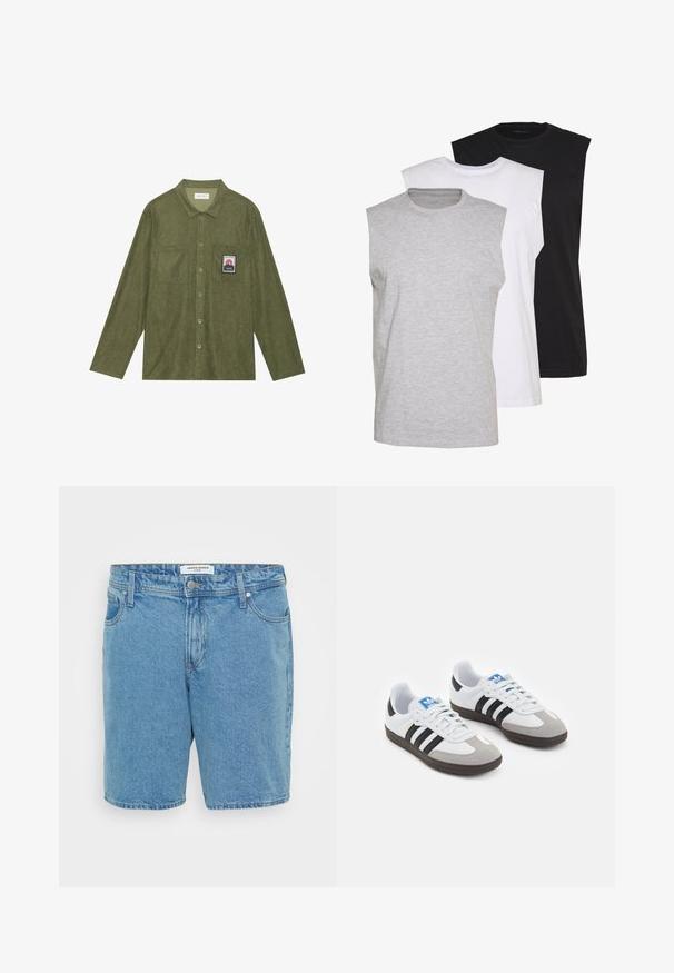 Olive green corduroy shirt with long sleeves, button closure, two chest pockets, and a mountain graphic patch on the left pocket.; Three sleeveless t-shirts in gray, white, and black. Soft cotton material with a crew neck and relaxed fit. Simple design, no patterns.; Light blue denim shorts with a classic fit. Features five pockets, a button closure, and subtle faded texture. Made of cotton.; Sport shoes with a white leather upper, gray suede toe, and three black stripes. Features a blue logo on the tongue and a textured rubber sole.