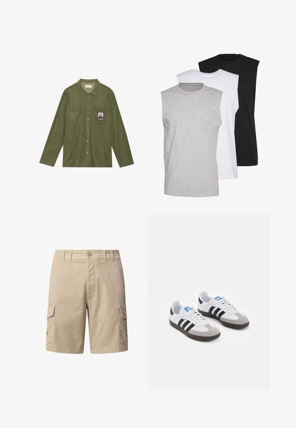Olijfgroen corduroyhemd met lange mouwen, knoopsluiting, twee borstzakken en een bergafbeelding patch op de linkerzak.; Drie mouwloze T-shirts in grijs, wit en zwart. Zacht katoenmateriaal met een ronde hals en een relaxte pasvorm. Eenvoudig ontwerp, geen patronen.; Beige cargoshorts van katoen. Voorzien van twee zijzakken, een knoopsluiting en stikseldetails. Rechte pijpdesign.; Sportschoenen met een witte leren bovenkant, grijze suède neus en drie zwarte strepen. Bevat een blauw logo op de tong en een gestructureerde rubberen zool.