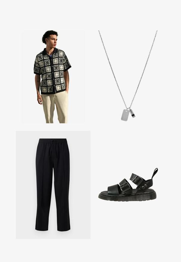 Next REGULAR FIT  - Skjorter - black ecru white; Sorte bukser lavet af blødt, letvægts stof. Har en elastisk talje med snøre, lige ben design og frontfald.; Sorte sandaler med to brede stropper med spænde, en glat læderoverdel og en tyk tekstureret sål.; Sølv kædehalssmykke har to vedhæng: et rektangulært mærke og en lille stang, med indgraveret logo og en sort accent på stangen.