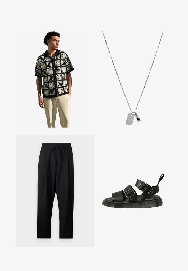 Next REGULAR FIT - Hemd - black ecru white; Schwarze, leichte Hose mit lockerer Passform. Mit einem elastischen Bund und verstellbarem Kordelzug sowie Seitentaschen. Glatte Textur.; Schwarze Sandalen mit zwei breiten Riemen und Schnallenverschluss, einem glatten Lederobermaterial und einer dicken strukturierten Sohle.; Die silberne Kettenhalskette enthält zwei Anhänger: ein rechteckiges Etikett und einen kleinen Balken, mit graviertem Logo und einem schwarzen Akzent auf dem Balken.