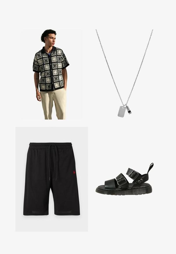 Next REGULAR FIT - Vapaa-ajan kauluspaita - black ecru white; Mustat verkkohousut, joissa on joustava vyötärö, säätönyöri ja pieni punainen logo vasemmalla puolella. Kevyt ja hengittävä kangas.; Mustat sandaalit, joissa on kaksi leveää hihnaa solkikiinnityksellä, sileä nahkapäällinen ja paksu, teksturoitu pohja.; Hopeaketju, jossa on kaksi ripustusta: suorakulmainen nimilaatta ja pieni tanko, jossa on kaiverrettu logo ja musta yksityiskohta tangossa.