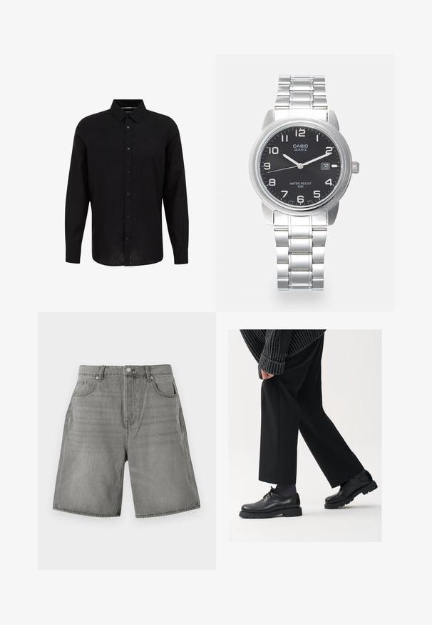 Čierna košeľa s dlhým rukávom, s gombíkovým zapínaním vpredu, formálnym golierom a textúrovanou látkou. Má rovný strih a čierne gombíky.; Šedé džínsy šortky s klasickým dizajnom piatich vreciek, s manžetami a zapínaním na gombík. Tkanina má mierne opotrebovaný vzhľad.; Čierne kožené topánky s okrúhlou špičkou, viazaním a hrubou, štruktúrovanou podrážkou. Nosené s upravenými čiernymi nohavicami a rebrovaným sveterom.; Kremenné hodinky so strieborným nerezovým pásikom, okrúhlym čiernym ciferníkom, bielymi hodinovými markerami a zobrazením dátumu na 3. hodine. Vodotesné do hĺbky 50 m.