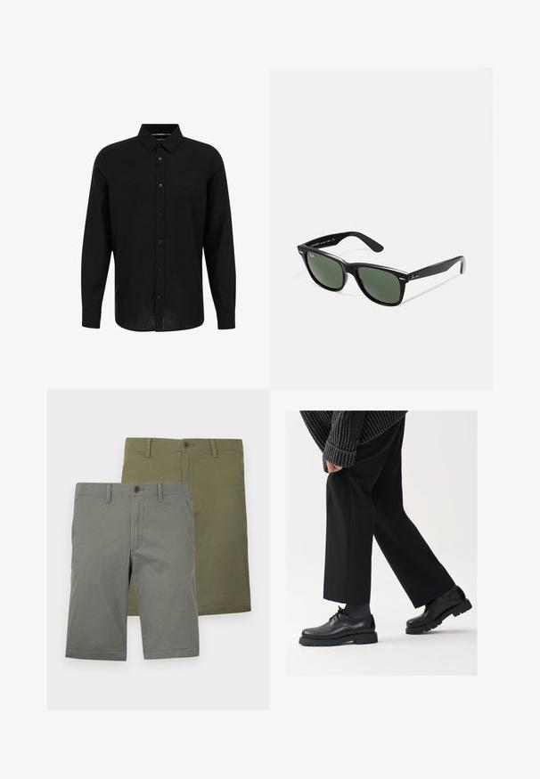 Juodas ilgomis rankovėmis marškiniai su užsegimu priekyje, oficialiu apykakle ir tekstūruotu audiniu. Yra tiesios kirpimo ir juodais mygtukais.; Du setai šortų žalia ir alyvuogių spalvų. Abu turi lygią tekstūrą, užsegimus su mygtukais ir plokščią priekinę dalį. Nėra matomų raštų.; Juodos odinės kojinės su apvalia nosimi, raištelių dizainu ir storu, tekstūriniu padu. Dėvimos su pritaikytomis juodomis kelnėmis ir liniuotėmis megztiniu.; Juodi plastikiniai saulės akiniai su žaliais objektyvais, kvadratiniais rėmeliais, sidabriniu akcentu ant antakio ir tekstūruotais šventyklų šakutėmis. Vidinėje šakutėje nurodyta prekės ženklo pavadinimas.; Kvarcinis laikrodis su sidabriniu nerūdijančio plieno apyranke, apvaliu juodu ciferblatu, baltais valandų žymekliais ir datos rodymu 3 valandą. Atsparus vandeniui iki 50m.