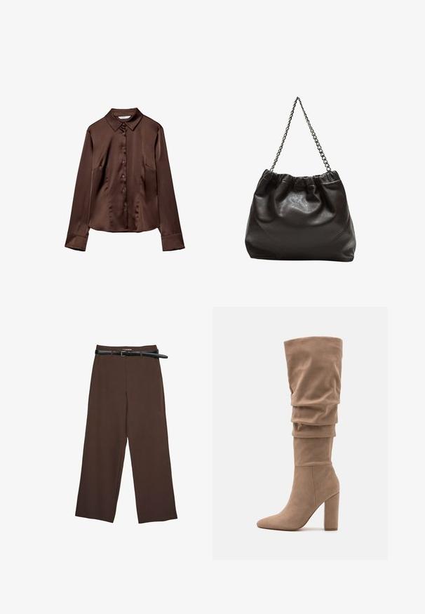 Smešani smeđi satenasti košulja s dugim rukavima i oštrim kragnama, glatke teksture. Ima prednje džepove i ležeran kroj.; Smeđe hlače širokih nogavica glatke teksture, s crnim remenom i krojenim pojasom, koje pružaju strukturirani kroj.; Anna Field Čizme - beige; Smeđa kožna torba s naboranim vrhom i lančićem za nošenje. Glatka tekstura s sjajnim završetkom i suptilnim šavnim detaljima sa strane.