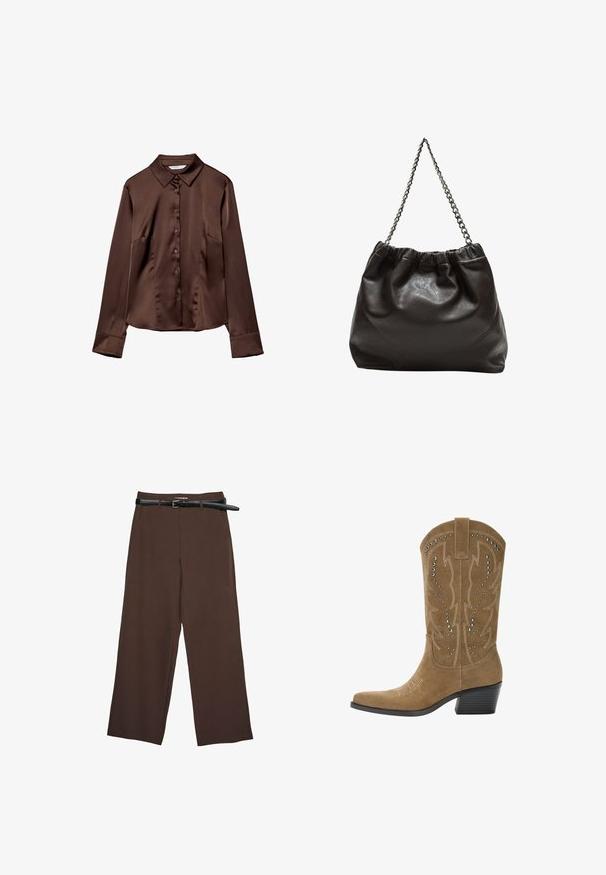 Smešani smeđi satenasti košulja s dugim rukavima i oštrim kragnama, glatke teksture. Ima prednje džepove i ležeran kroj.; Smeđe hlače širokih nogavica glatke teksture, s crnim remenom i krojenim pojasom, koje pružaju strukturirani kroj.; PULL&BEAR Kaubojske/motorističke čizme - beige; Smeđa kožna torba s naboranim vrhom i lančićem za nošenje. Glatka tekstura s sjajnim završetkom i suptilnim šavnim detaljima sa strane.