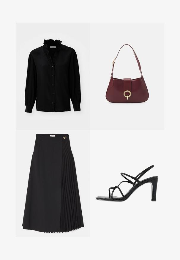 Zwarte blouse met een gerimpelde V-hals, lange puff sleeves en knoopsluiting. Gemaakt van een soepele stof met een lichte glans.; Zwarte midi-rok met een geplooid ontwerp aan één kant, gemaakt van lichtgewicht stof met een verborgen ritssluiting en zijzakken.; Zwarte hoge sandalen met dunne banden, een gestructureerde afwerking, open teen en een slank, puntig hakontwerp. Beschikt over een gladde inlegzool en een glanzend oppervlak.; Bordeaux leren handtas met een gebogen vorm, een gouden cirkelvormige hardware accent en een enkele schouderband. Zachte textuur, minimalistisch ontwerp.