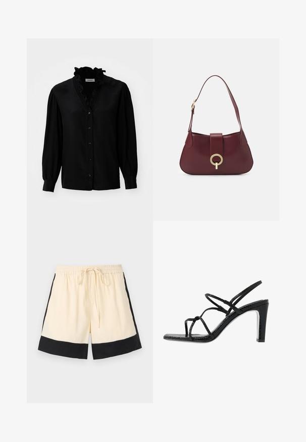 Black blouse with a ruffled V-neckline, long puff sleeves, and button closure. Made from smooth fabric with a slight sheen.; Cream-colored shorts with a black hem, elastic waistband, and front drawstring. The sides feature black accents, showcasing a sporty design.; Black heeled sandals with thin straps, a textured finish, open toe, and a sleek, pointed heel design. Features a smooth insole and a shiny surface.; Burgundy leather handbag with a curved shape, a gold circular hardware accent, and a single shoulder strap. Smooth texture, minimalist design.